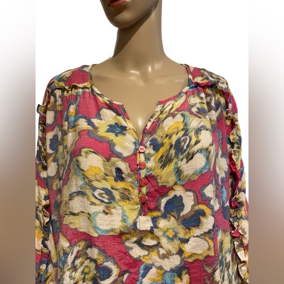 Zac & Rachel Watercolor Boho Blouse Sleeve Ruffle size L - Picture 2 of 4